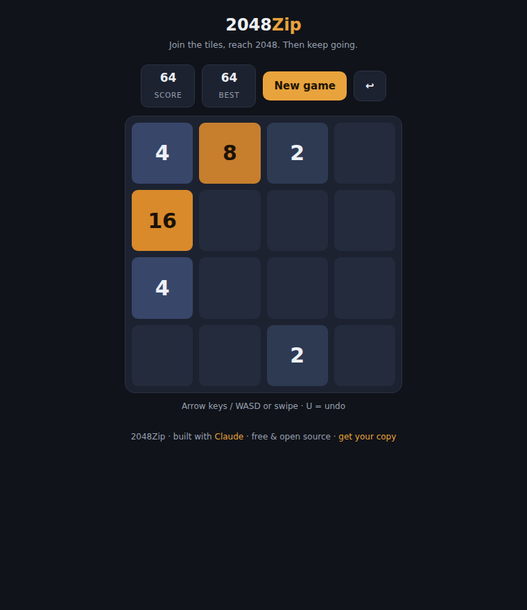 Free 2048 Game — Single HTML File, No Ads — screenshot