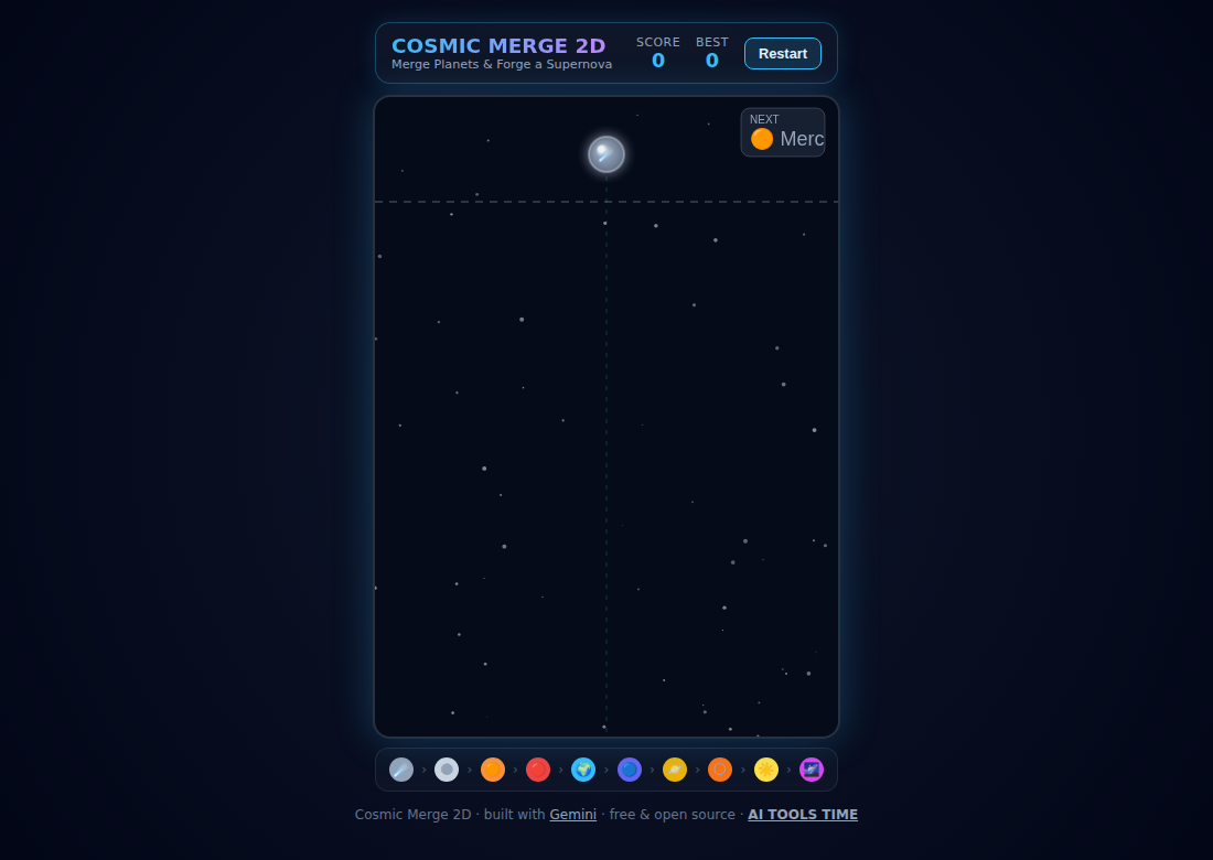 Free Suika-Style Planet Merge Game — Single HTML File (Cosmic Merge 2D) — screenshot