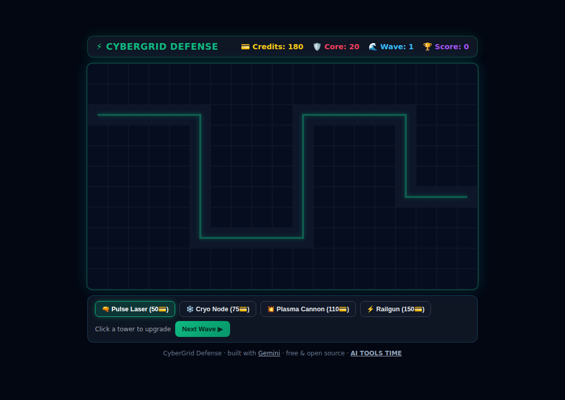 Free Tower Defense Game — Single HTML File, No Engine (CyberGrid Defense) — screenshot