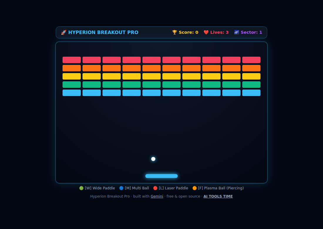 Free Breakout Game with Roguelite Power-Ups — Single HTML File (Hyperion Breakout Pro) — screenshot