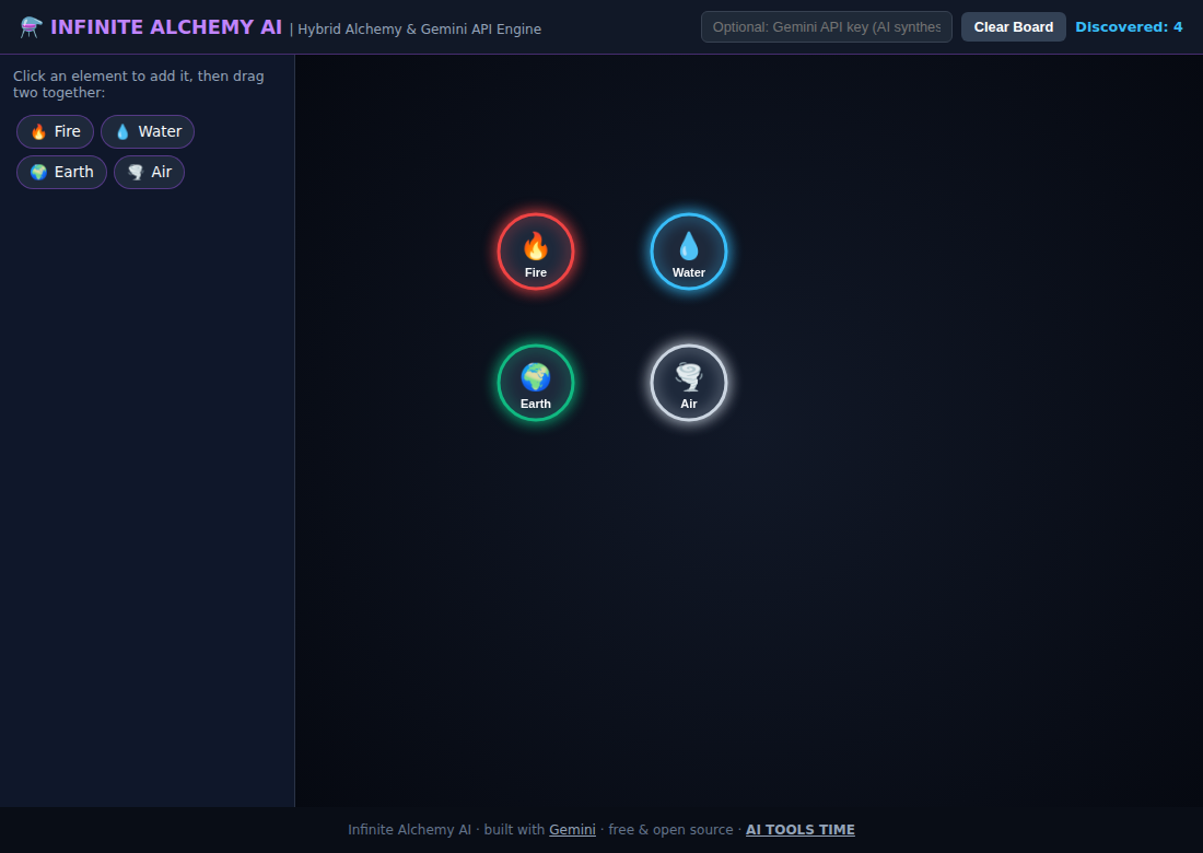 Free Infinite Craft-Style Alchemy Game — Single HTML File (Infinite Alchemy AI) — screenshot