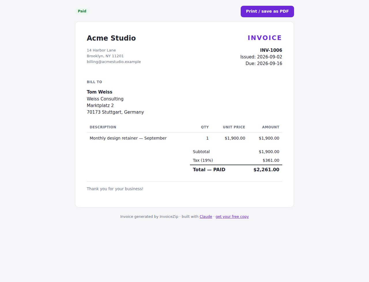 Free Invoice Generator PHP Script — screenshot