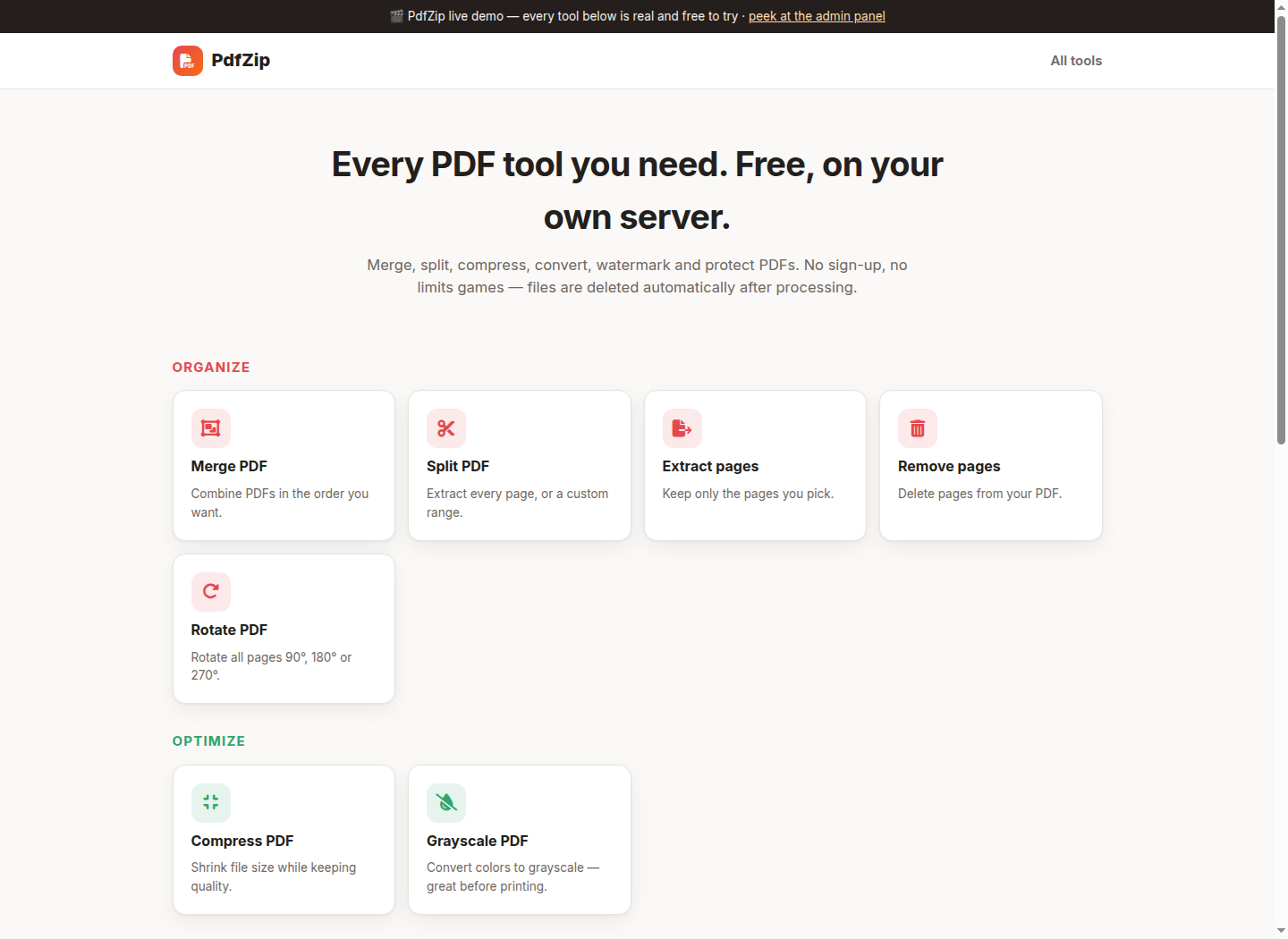 Free iLovePDF Alternative — Self-Hosted PDF Tools PHP Script (PdfZip) — screenshot