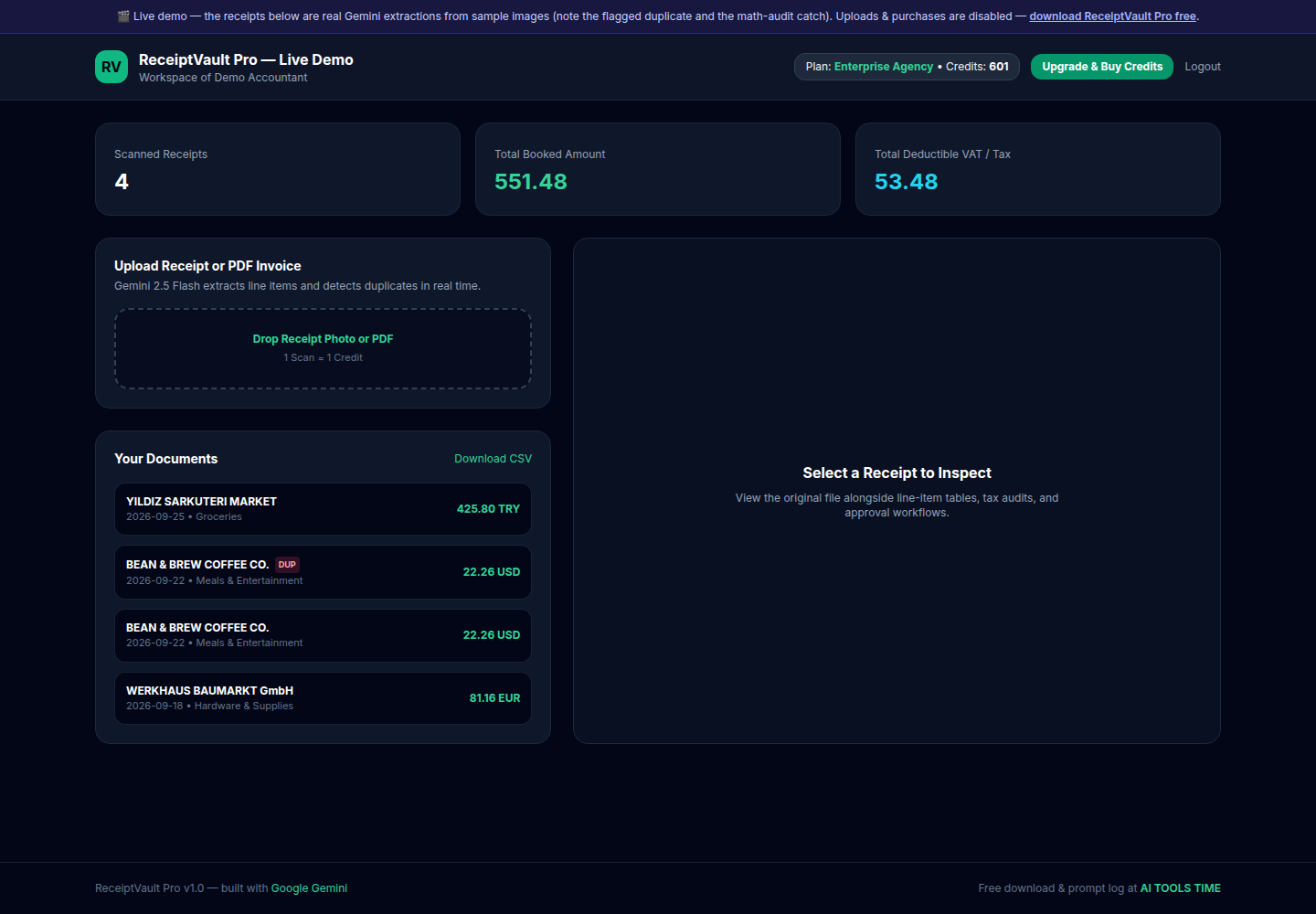 AI Receipt & Invoice OCR SaaS PHP Script — Free Download (ReceiptVault Pro) — screenshot