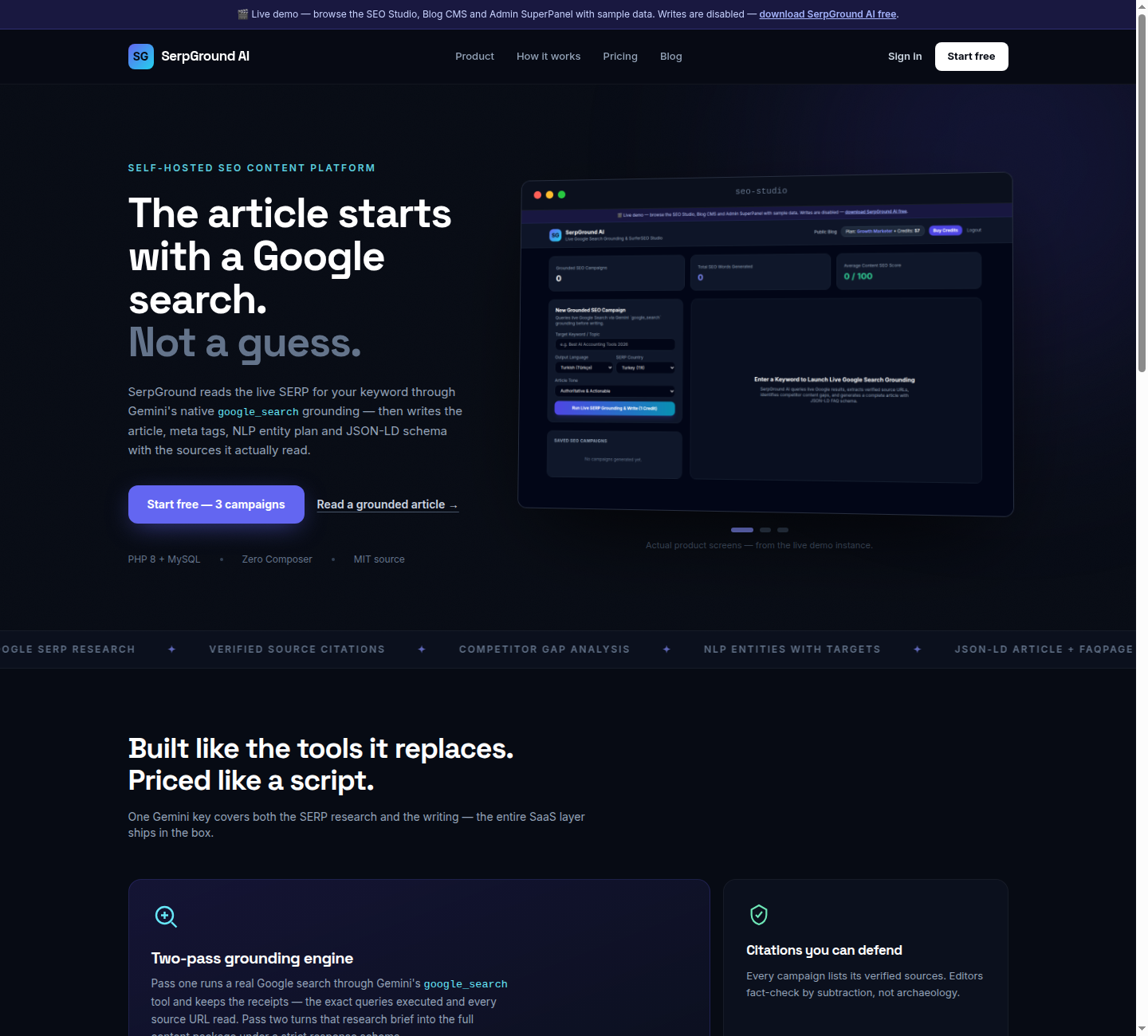 AI SEO Content Writer SaaS PHP Script — Free Download (SerpGround AI) — screenshot