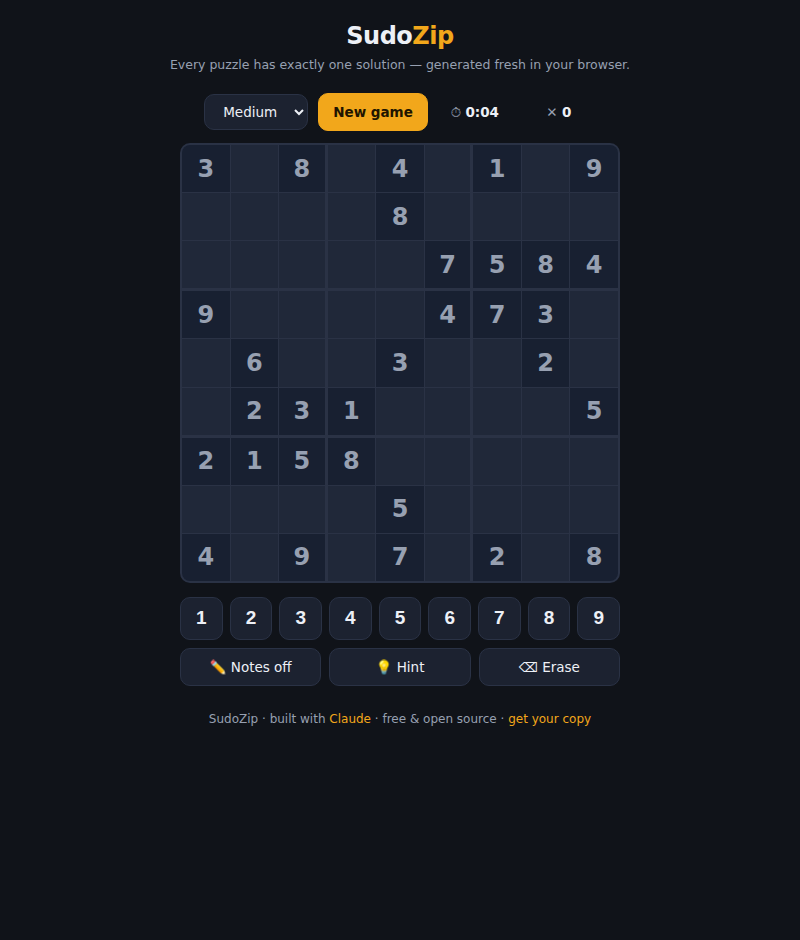 Free Sudoku HTML5 Game — Single File, No Ads — screenshot