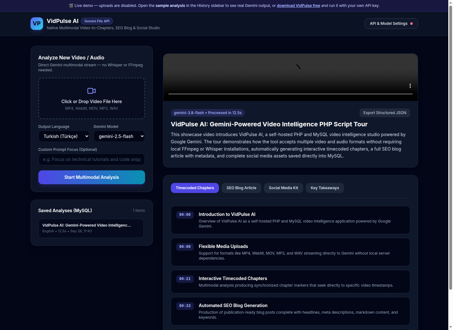 Video to Article & Timecoded Chapters PHP Script — Free Download (VidPulse AI) — screenshot