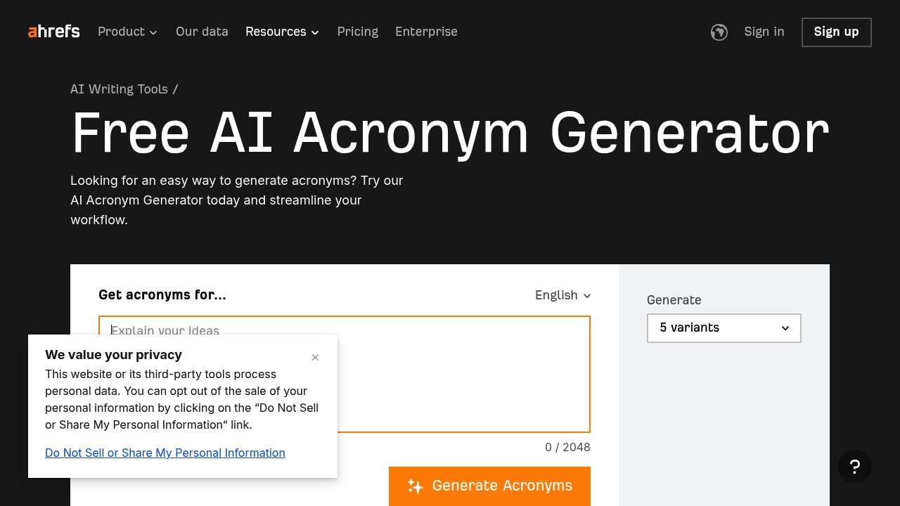 Acronym Generator by Ahrefs screenshot