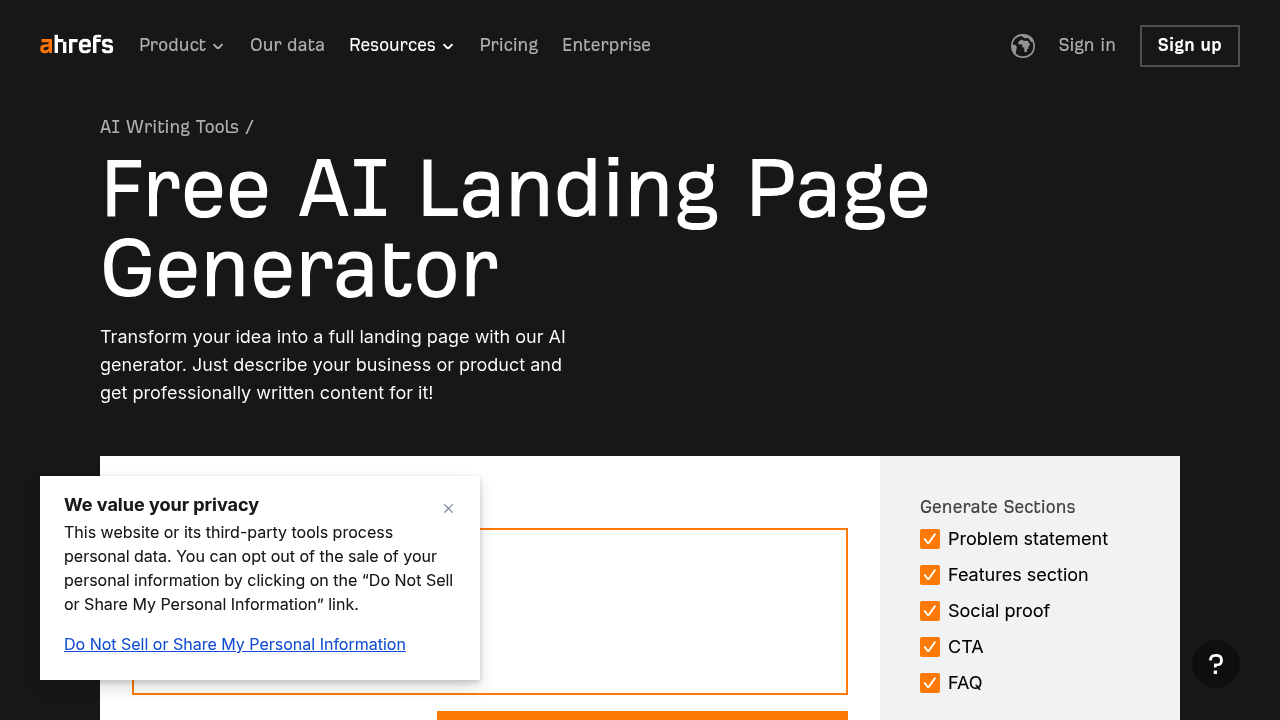 Ahrefs AI Landing Page Generator screenshot