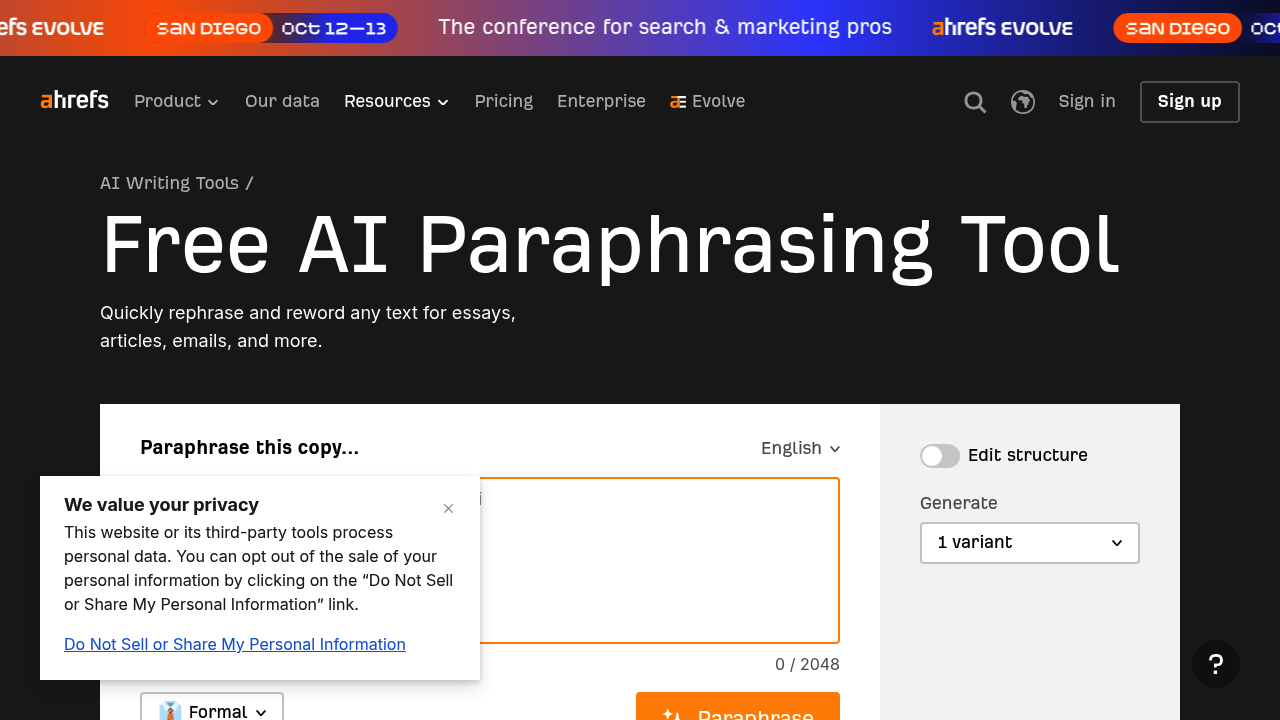 Ahrefs Paraphrasing Tool screenshot