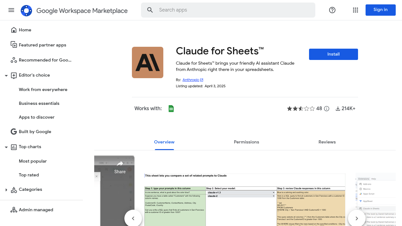 Claude for Sheets screenshot