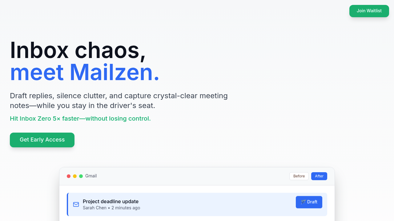 Mailzen.ai — Inbox Zen. Draft ✍️ Declutter 🗂️ Done. screenshot