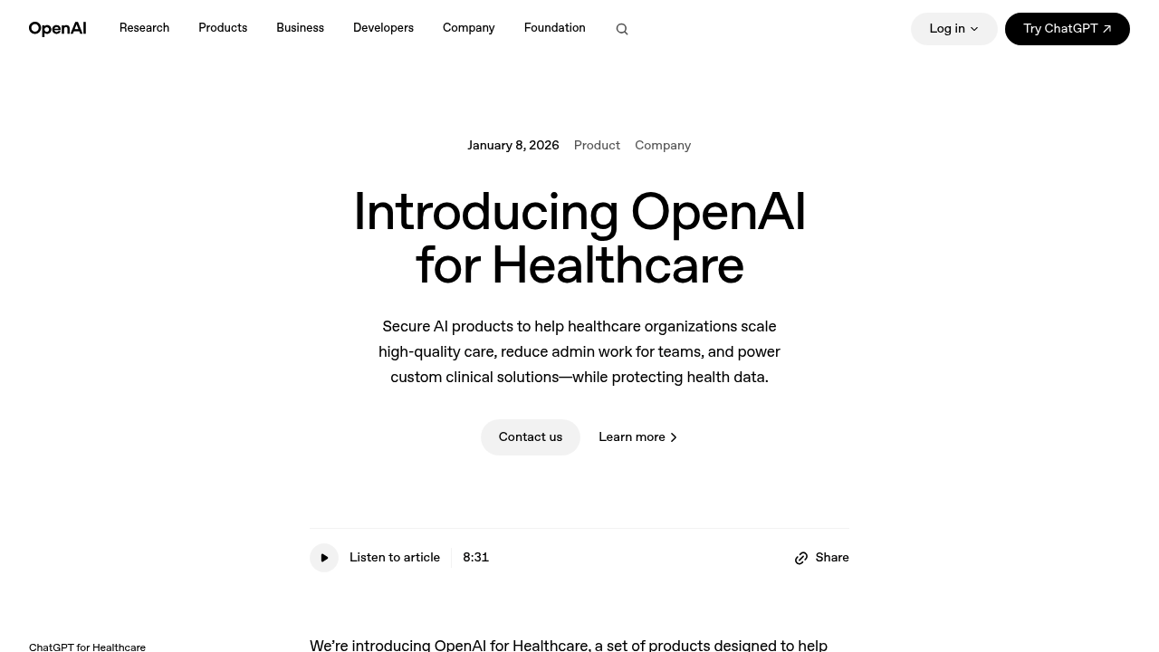OpenAI for Healthcare screenshot