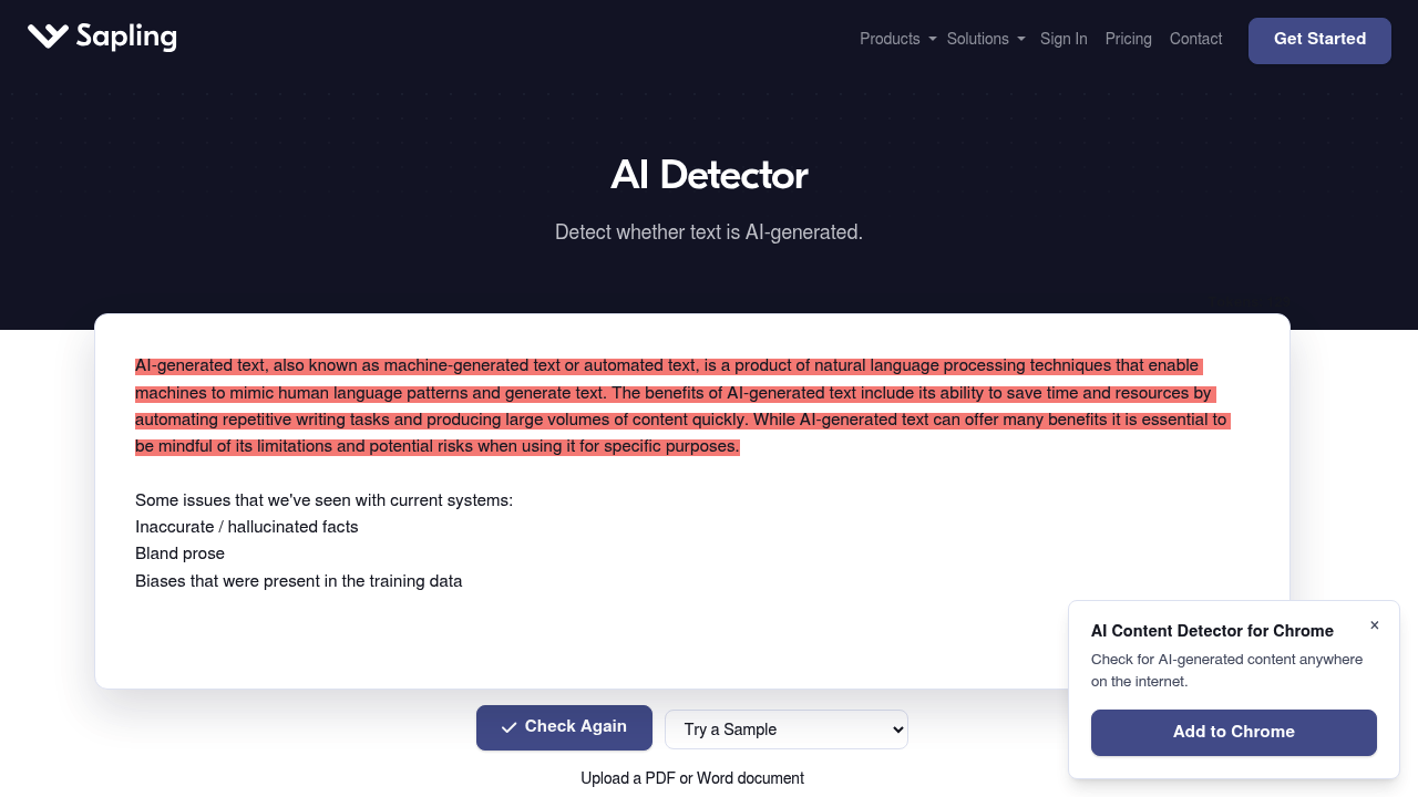 Sapling AI Detector screenshot