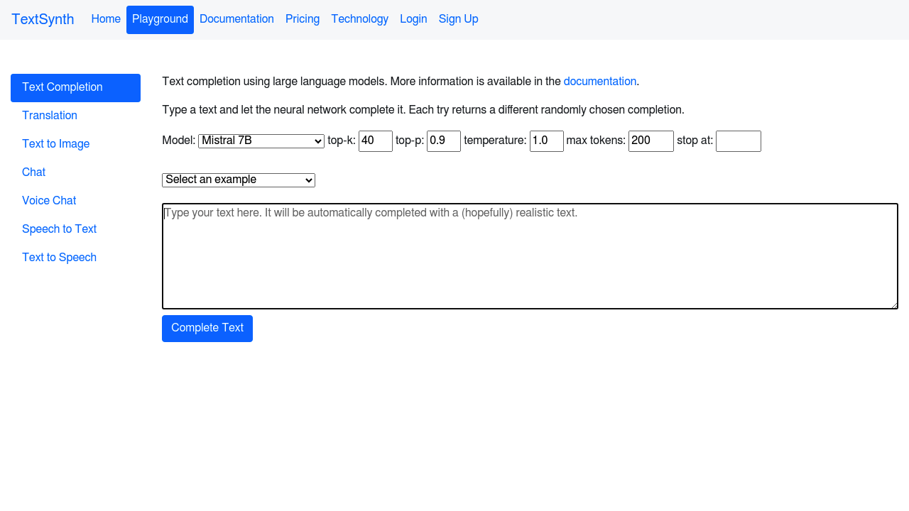 TextSynth Text Completion screenshot